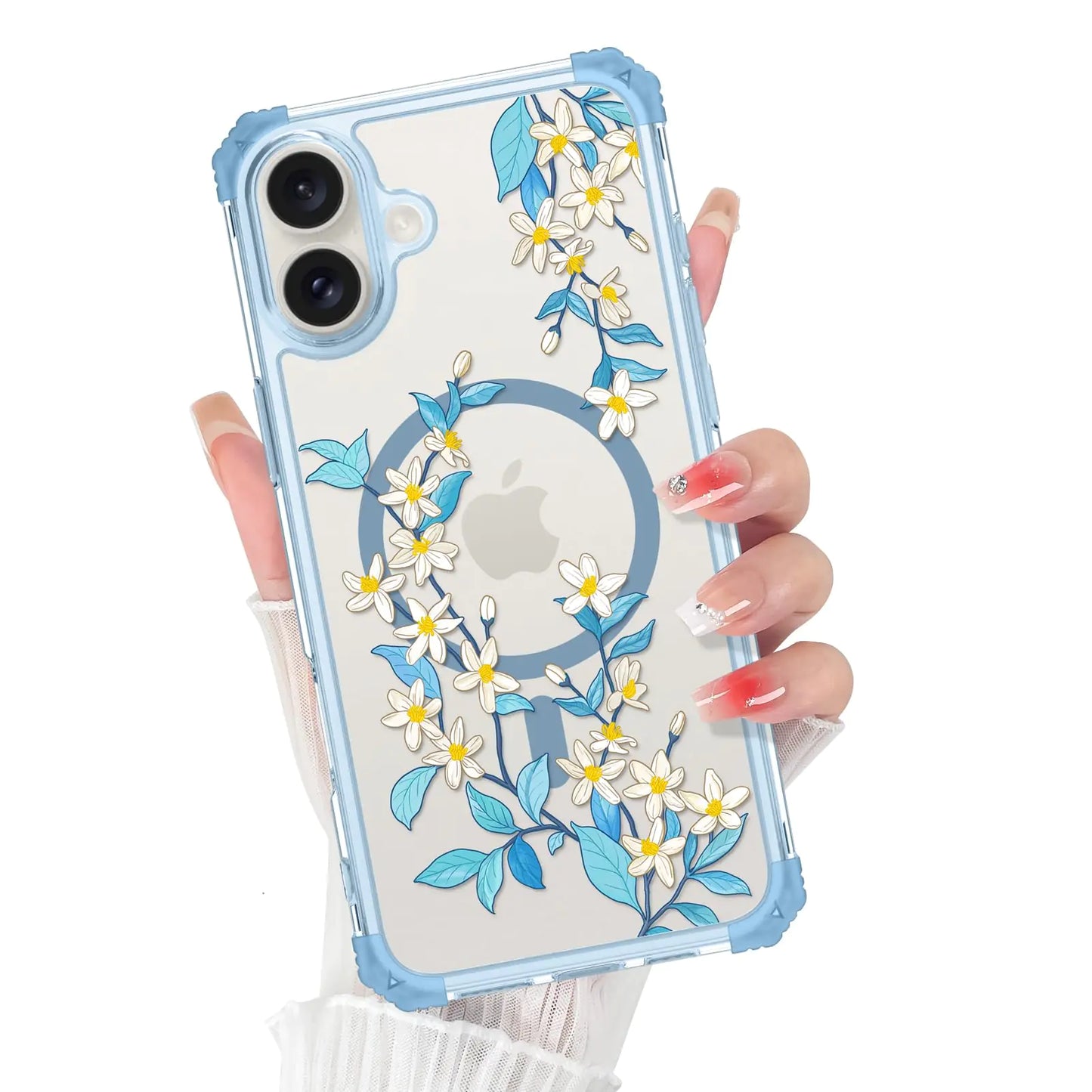 PIGLULOO Phone case Compatible with iPhone 16 Plus Case Four-Corner Shockproof Magnetic Phone Case Clear Blue Flowers Phone Case